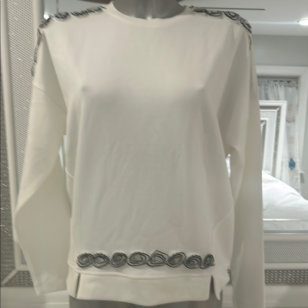 Chic White Sweater with Black Embroidery